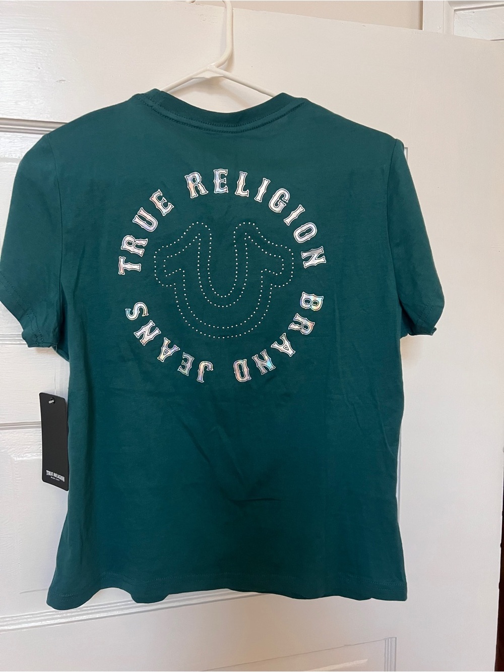 NWT True Religion Women's Teal Short Sleeve Rhinestone Logo Tee - Picture 5 of 6